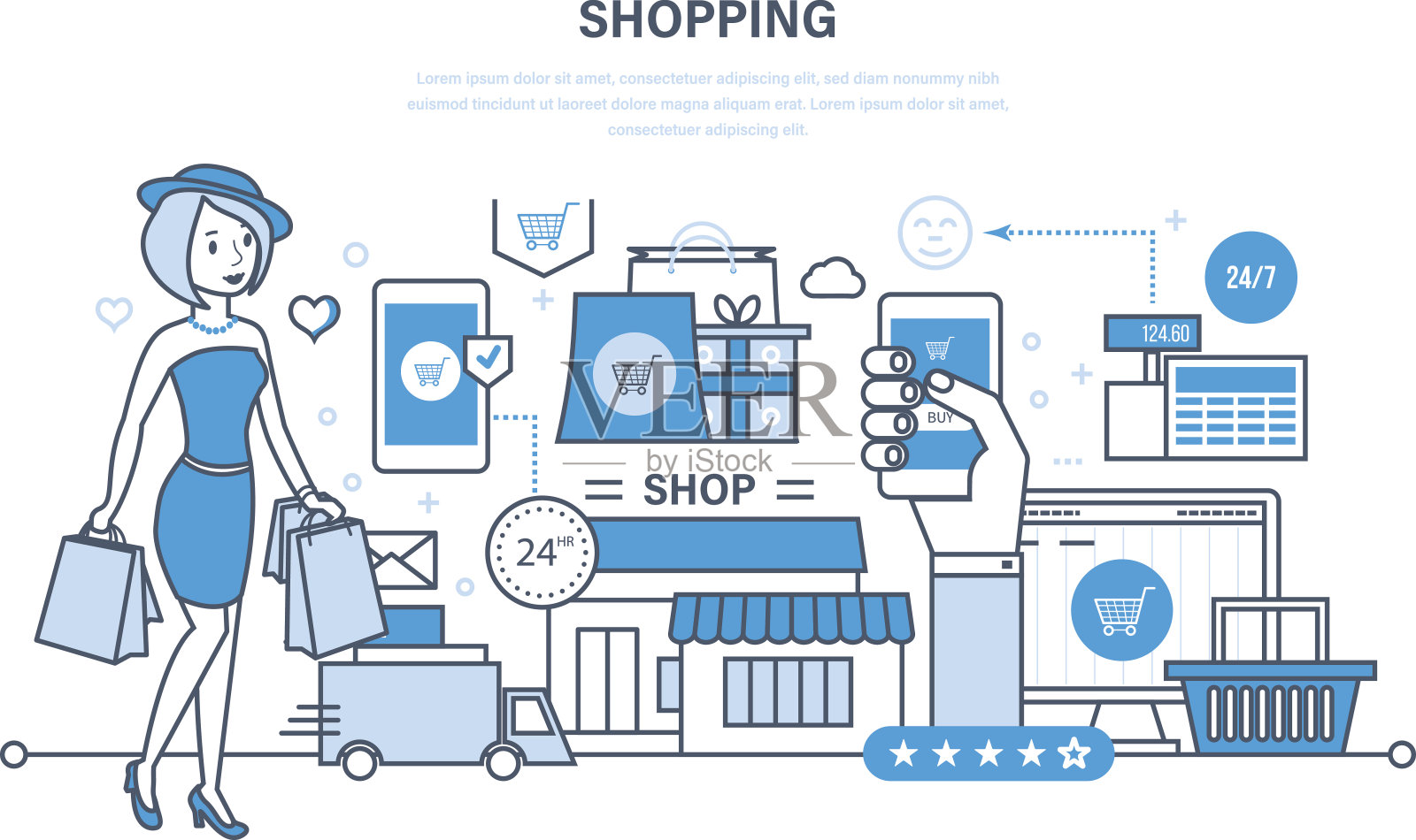 現代購物、網上訂購產品系統,安全支付、送貨插畫圖片素材